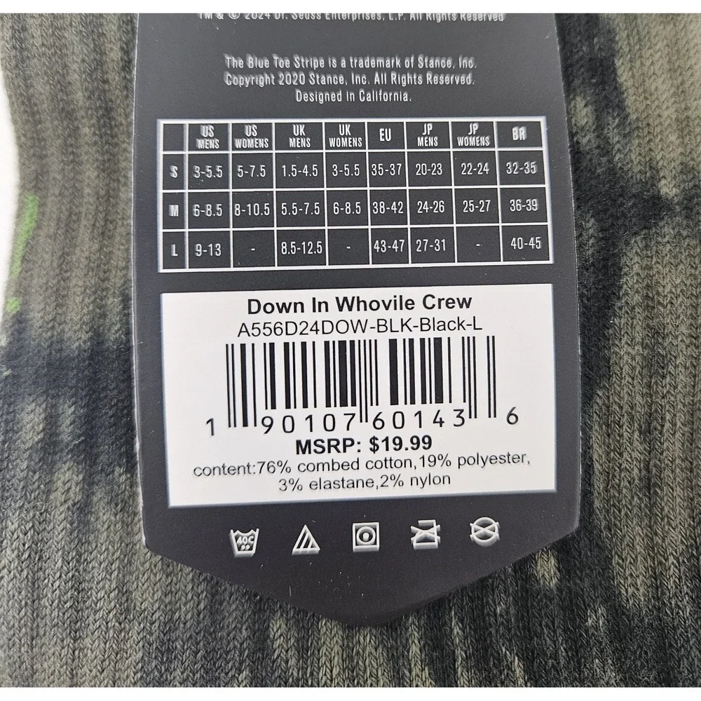 Stance‎ Casual Grinch - Down in Whoville Crew Socks, Men's Sz LG, 1 Pair, NEW!